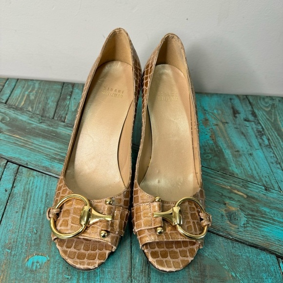Stuart Weitzman Snake Print Tan Beige Leather Peep Toe Heels Size 8 - Picture 3 of 11